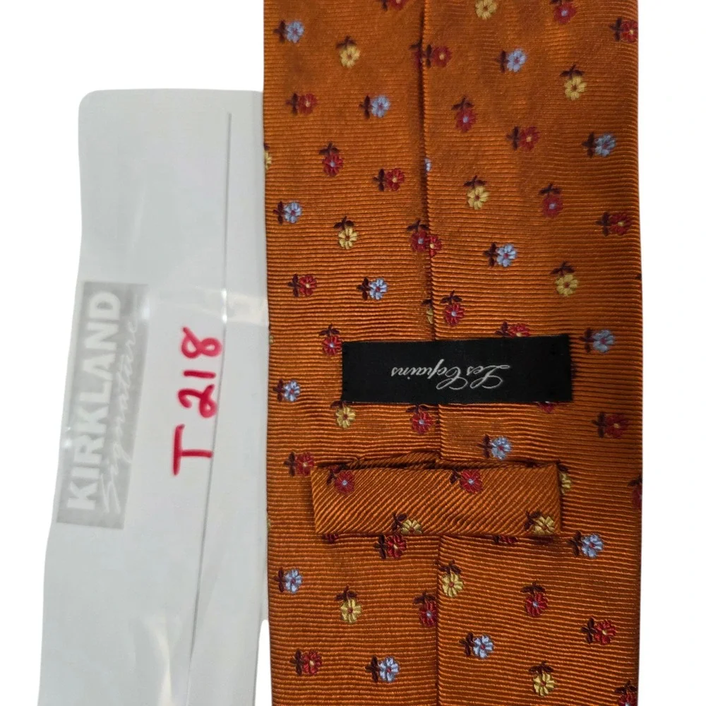 Les Copains Mens Necktie‎ Orange Silk Floral Striped Embroidered Long Luxury